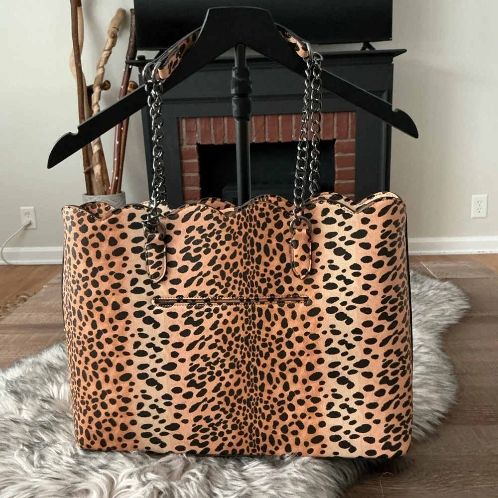 Betsy Johnson On the Prowl Leopard Print Tote Bag Faux Leather Chain Handles
